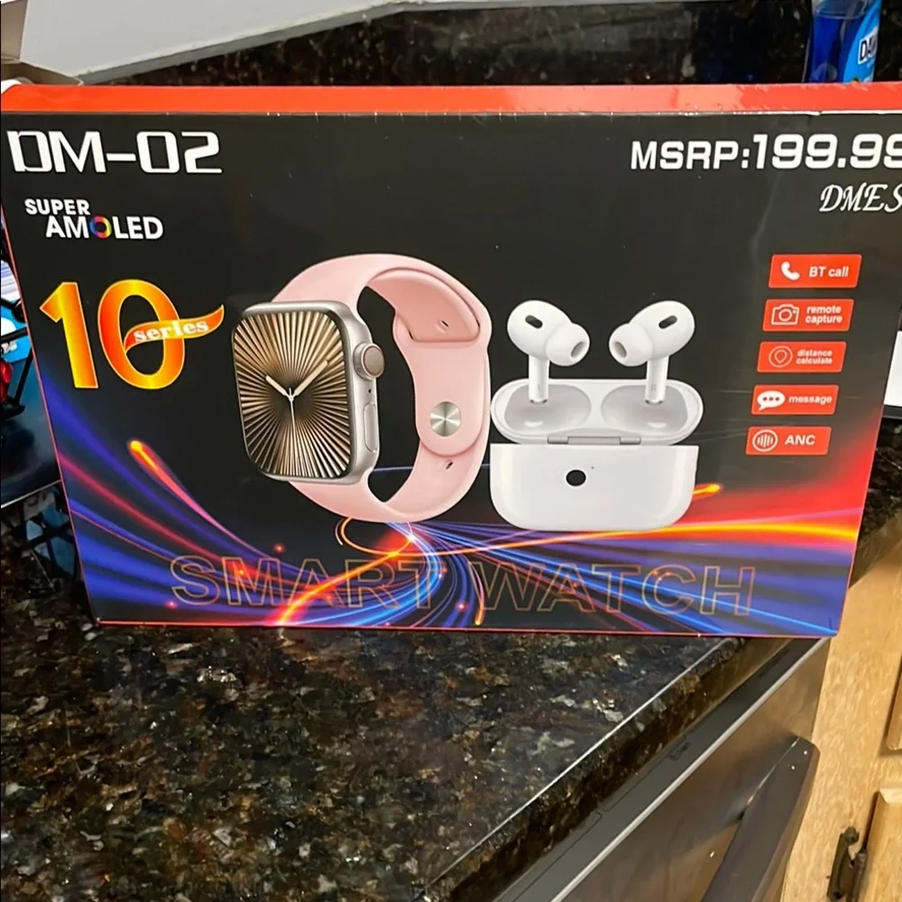 Smartwatch with Pink Band and White Earbuds